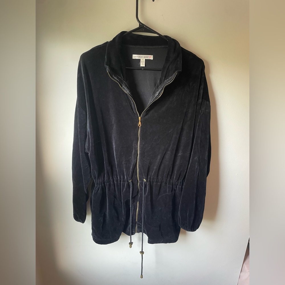 Vintage Victoria's Secret Black Velvet Drawstring Full Zip Cinch Waist Jacket Sm